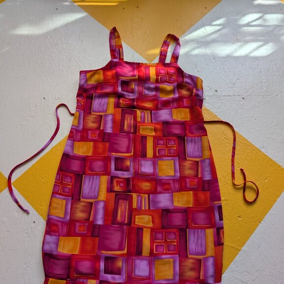 90s Vintage Tickets Mini Dress Windowpane Pink Orange Red Squares Tie Back - Picture 4 of 10